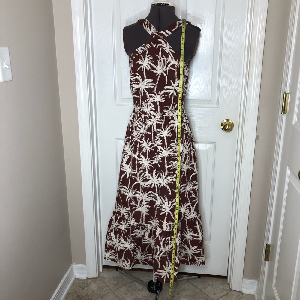 Express Cotton Blend Brown White Tropical Halter Neck Summer Brunch Midi Dress M - Picture 14 of 15